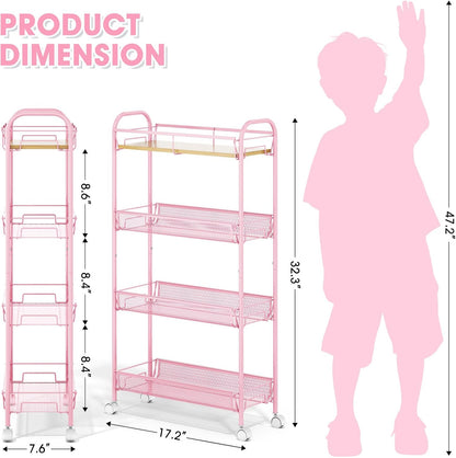 TOOLF 4-Tier Slim Rolling Cart, Metal Storage Cart with Wooden Tabletop and Mesh Baskets for Narrow Space on Kitchen Bathroom Laundry Room Bedroom Apartments Dormitory