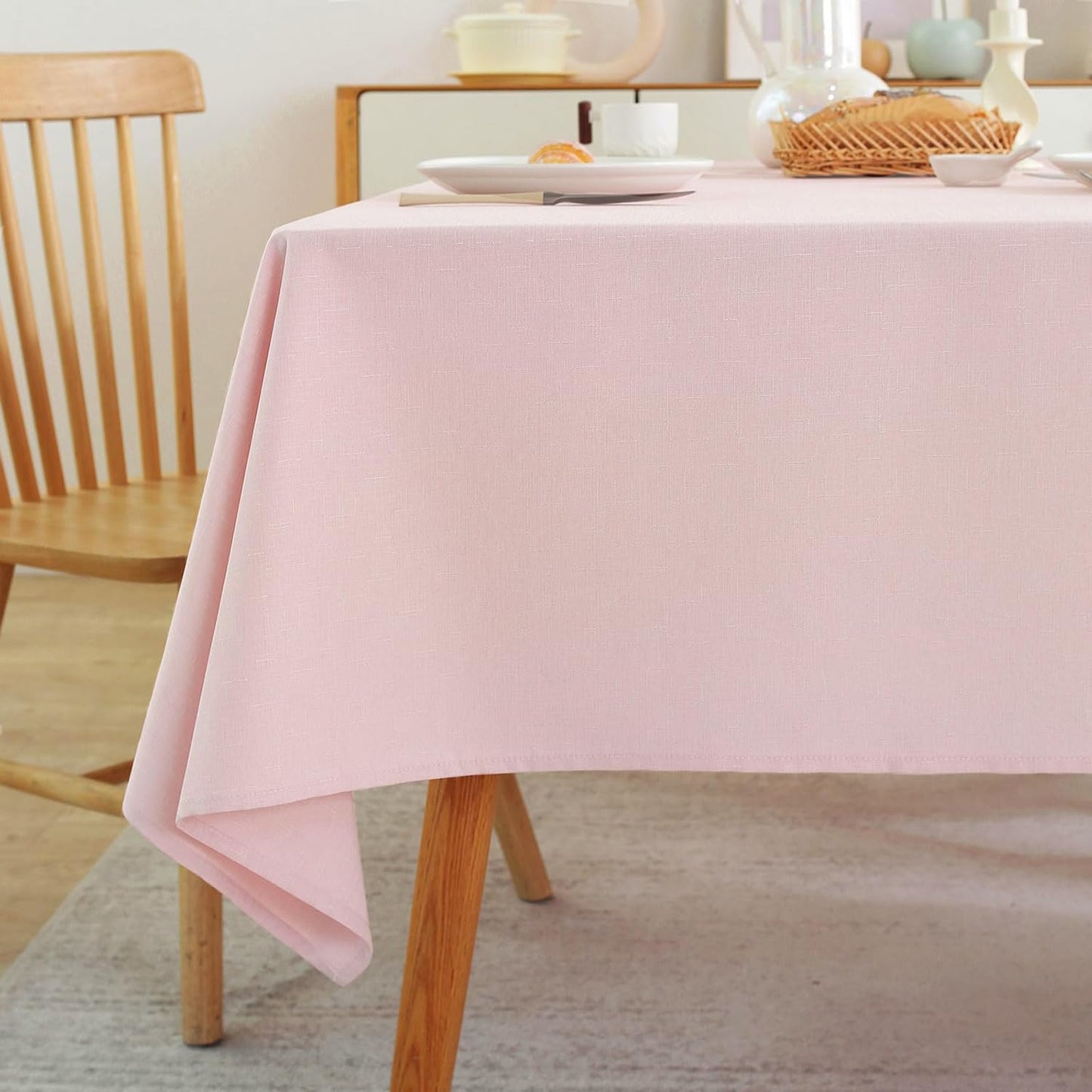 Laolitou Spring Table Cloth (Fits 6 Foot Table) Rectangle Linen Waterproof Textured Light Pink Tablecloth, Washable Wrinkle Free Spill Proof Fabric Tablecloths for Dining Table Farmhouse, 60x84 Inch