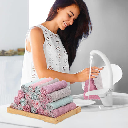 Rachan 11Pack Kitchen Dish Cloths, Reusable Dish Towels, Nonstick Oil Washable Fast Drying, Super Absorbent Coral Velvet Cleaning Cloths for Cleaning Tableware, Kitchen, Bathroom (Pink-green10 x 6")
