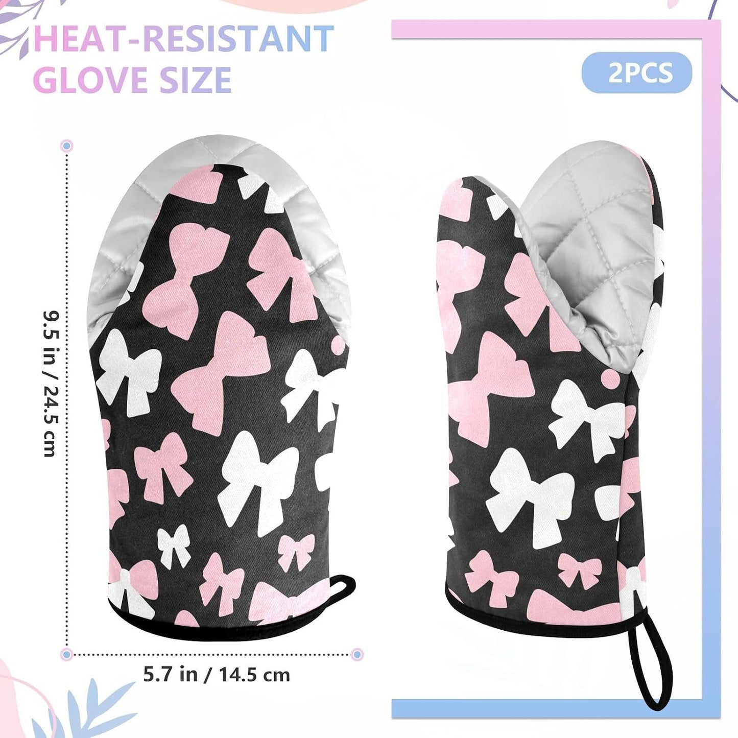 Oven Mitt 2 Pack Set Pink and White Bow Kitchen Mitts Gloves for for Cooking Baking Grilling