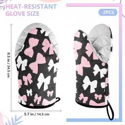 Oven Mitt 2 Pack Set Pink and White Bow Kitchen Mitts Gloves for for Cooking Baking Grilling