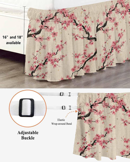 Spring Flowers Bed Skirt Queen Size 16 Inch Drop, Wrap Around Bed Skirts, Country Pink Peach Blossoms Botanical Floral Elastic Bedskirt Pleated Bed Frame Cover Luxurious Dust Ruffle for Queen Bed
