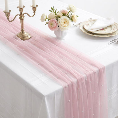 Pink Pearl Table Runner, 30x120 Inch Tulle Fabric Lace Table Runner, Boho Romantic Table-Runners with Pearls, Gauze Table-Runners for Bridal Shower, Birthday Party, Wedding, Dining and Baby Shower