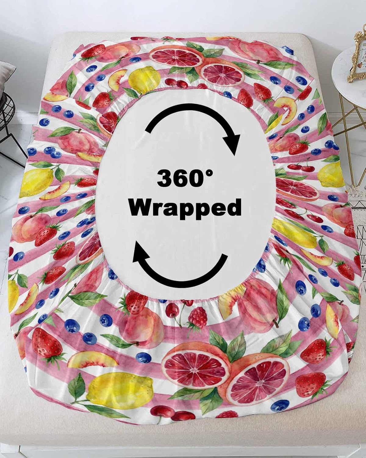 Fitted Sheets Elastic Deep Pocket Bed Sheet Queen Summer Peach Lemon Grapefruit Soft Brushed Microfiber Bed Sheets Set, Blueberry Strawberry Pink Stripe Mattress Cover Up Fitted Sheet Pillowcase