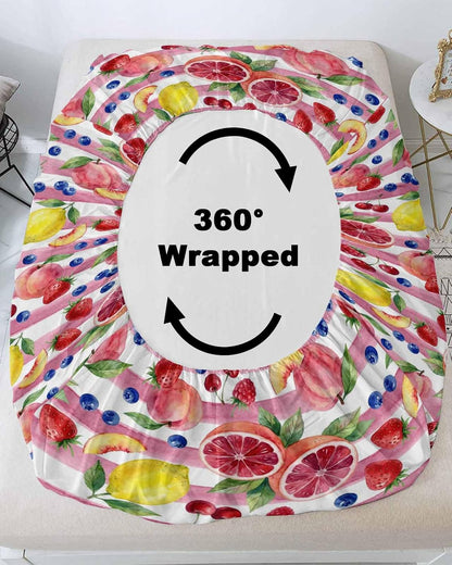 Fitted Sheets Elastic Deep Pocket Bed Sheet Queen Summer Peach Lemon Grapefruit Soft Brushed Microfiber Bed Sheets Set, Blueberry Strawberry Pink Stripe Mattress Cover Up Fitted Sheet Pillowcase