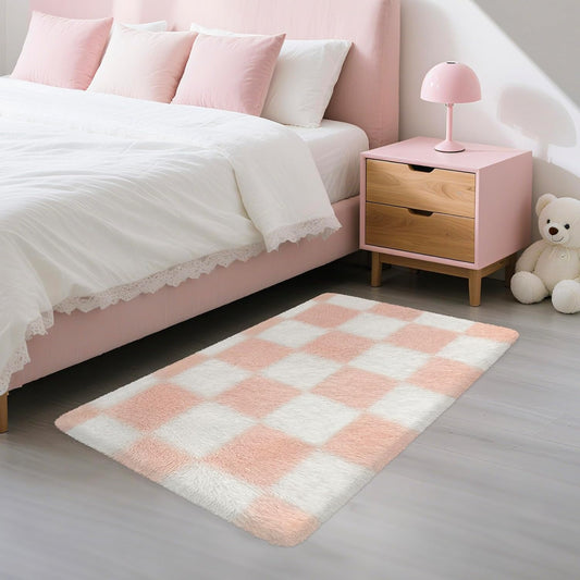 Soft Small Area Rug 2x3 for Bedroom Pink Checkered Rug Plush Shag Carpet for Kids Room Shaggy Throw Rugs Non Silp Indoor Entrance Door Mat for Living Room Dorm Nursery