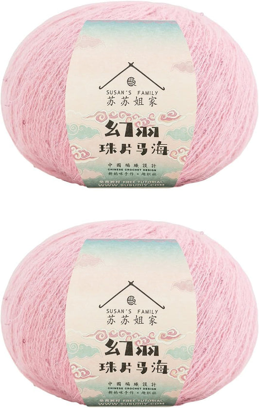 Susan's Family Sequin Mahair Yarn 2x50g/437 Yards -12#Peach Pearl | Soft&Durable，48% Acrylic,24% Polyester,21% Nylon,7%Wool/2×50g/24wpi/437Yds(400m)，for Knitting, Crochet & Crafts