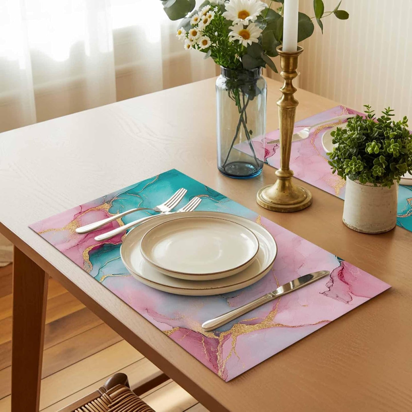 Water Pink Marble Placemat Set of 4 Non-Slip Placemats for Dining Table Abstract Art Washable Table Mats, Heat Resistant Kitchen Table Mats for Party, Dining Room & Home Decor