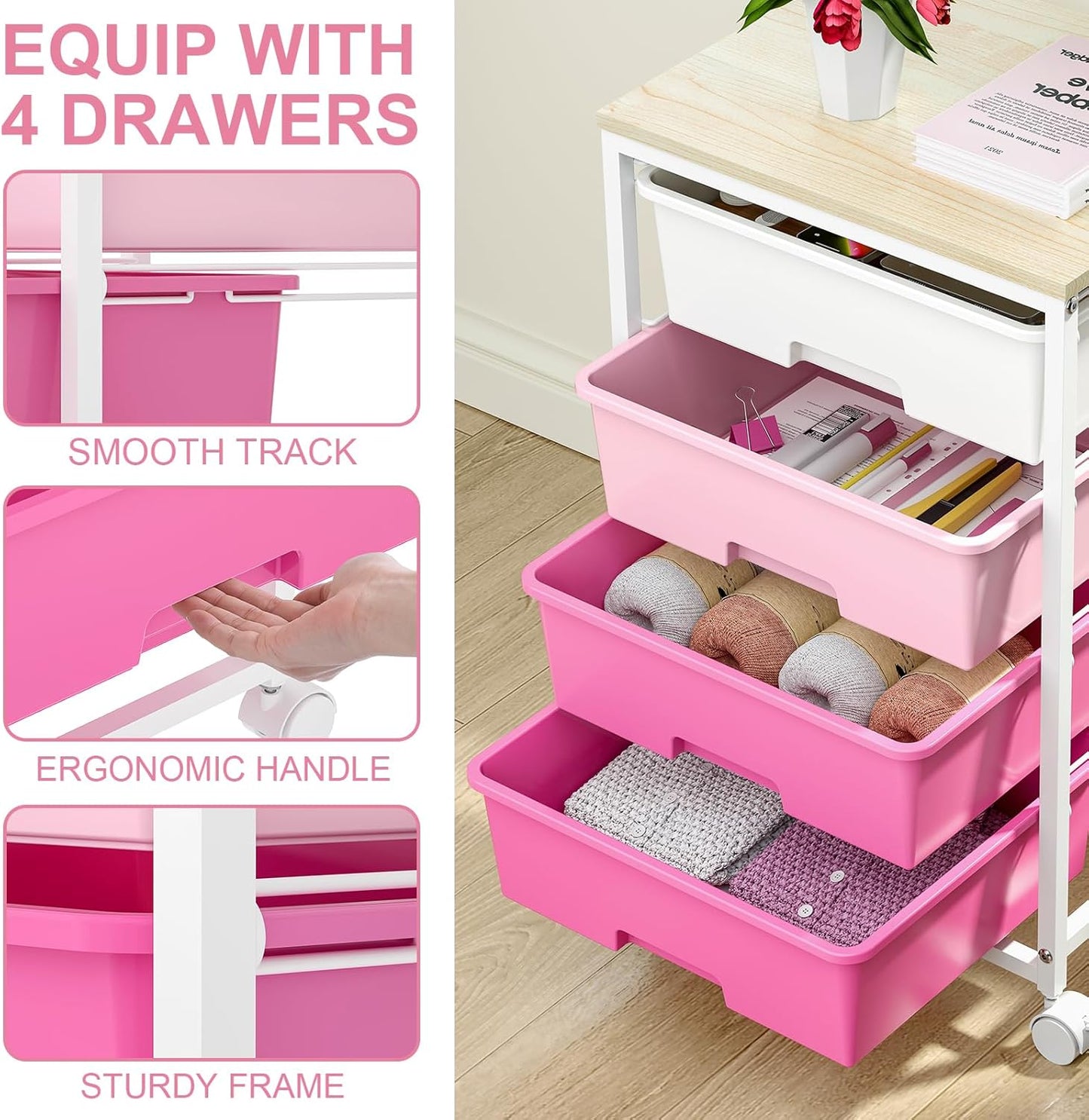 SYKIARIOL Utility-Rolling-Craft-Storage-Cart-Organizer with 4 Drawers and Wooden Tabletop, 4 Tier Drawer Cart for Home Office, Kid Room, Classroom Teacher, Dorm, Pink