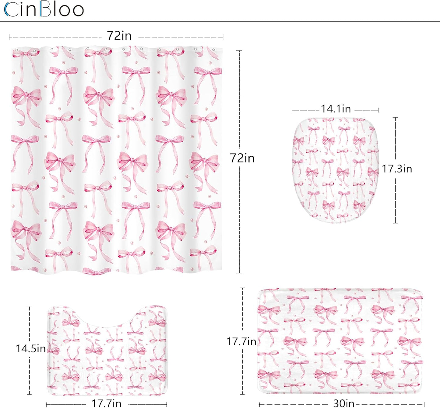 4Pcs Pink Bow Shower Curtain Set, Retro Coquette Vintage Girly Preppy Cute Fashion Pretty Sweet Bathroom Curtain with Rug, Toilet Lid Cover, Bath Mat, Aesthetic Shower Curtain with 12 Hooks