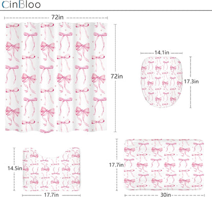 4Pcs Pink Bow Shower Curtain Set, Retro Coquette Vintage Girly Preppy Cute Fashion Pretty Sweet Bathroom Curtain with Rug, Toilet Lid Cover, Bath Mat, Aesthetic Shower Curtain with 12 Hooks