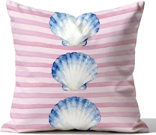 Seashell Pillow Cover 18x18 Double-Sided, Preppy Beach Room Decor, Coastal Beach Pink Striped Decorative Pillowcase Throw Pillow Cover for Couch Bed Dorm Apartment