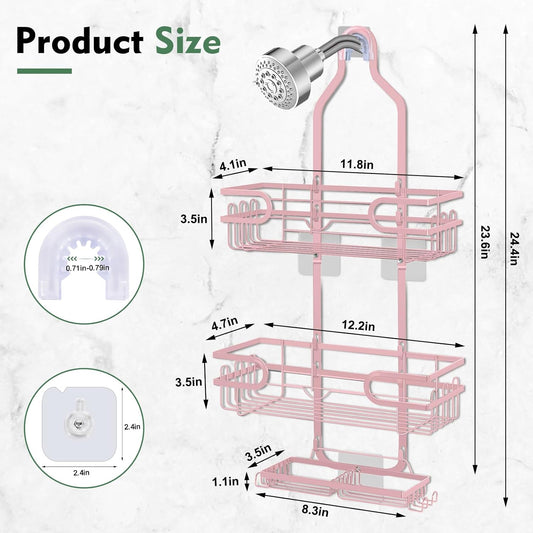 Shower Caddy Hanging, Over Head Shower Caddy Shower Storage Rack Basket with Hooks for Razor and Sponge Rustproof, No Drilling, Accessories for Bathroom and Kitchen, pink