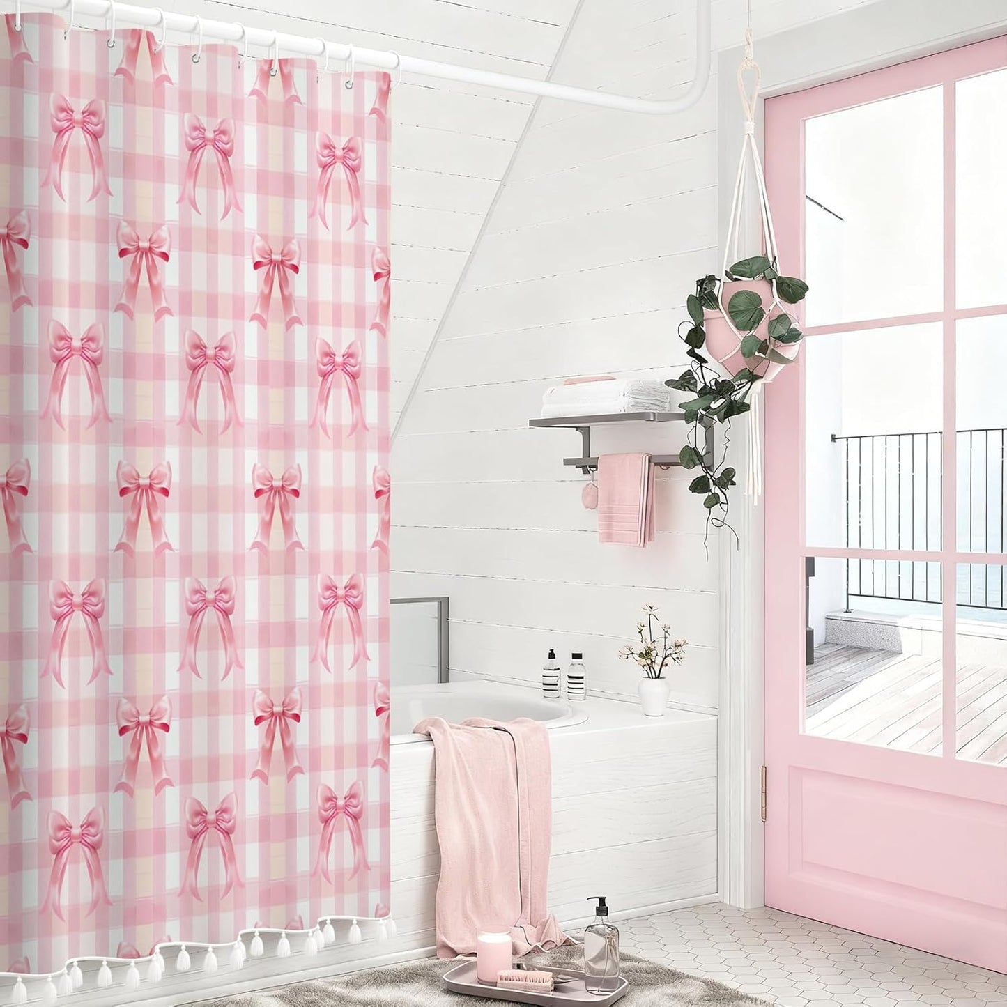 AOFOTO Pink Bow Shower Curtain with Tassels, Pink Buffalo Plaid Bath Curtain Accessories Set with Hooks Cute Aesthetic Art Girly Bathroom Tassel Shower Curtains for Women Girl Home Decor 72x72 Inch