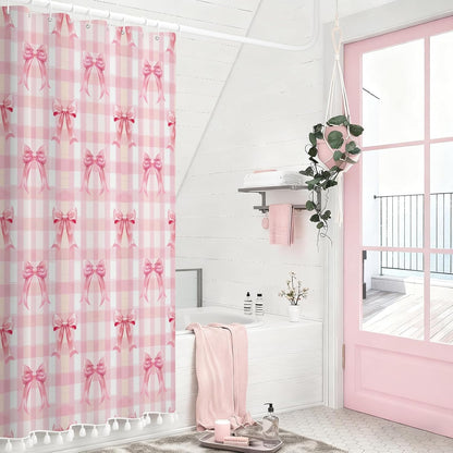 AOFOTO Pink Bow Shower Curtain with Tassels, Pink Buffalo Plaid Bath Curtain Accessories Set with Hooks Cute Aesthetic Art Girly Bathroom Tassel Shower Curtains for Women Girl Home Decor 72x72 Inch