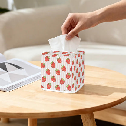 Pink Striped Strawberry Pattern Tissue Box Cover-Machine Washable Decorative Square Box Cover,Suitable for Bedside Tables,Dining Tables,bar counters,Bathroom,Office,Car-Home Decor.