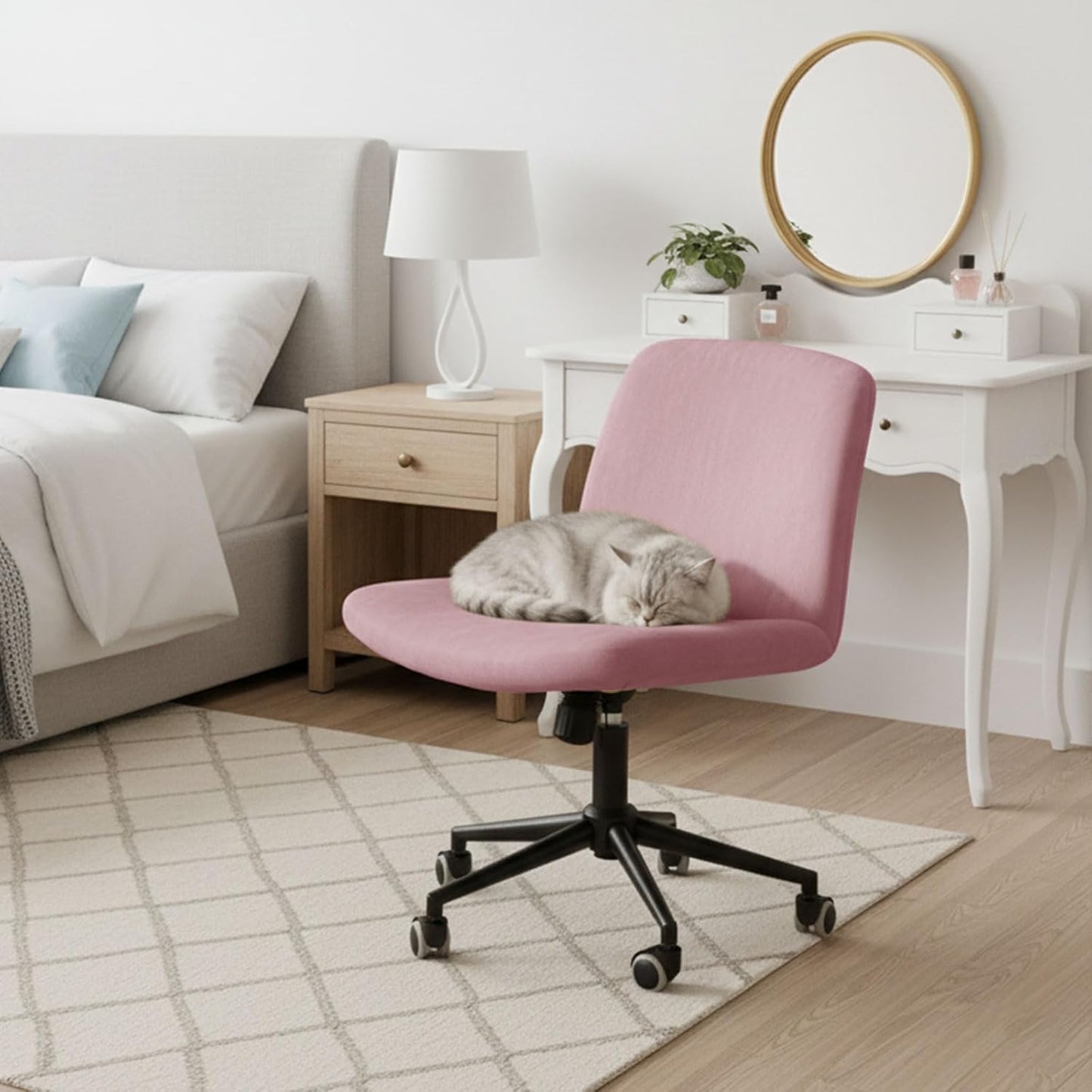 NICEEC Criss Cross Chair Cover Armless Office Dorm Desk Chair Covers Vanity Chair Covers Computer Mid Back Wide Seat Chair Without Arms Protector Spandex Stretch Slipcover Pink(No Chair Only Cover)
