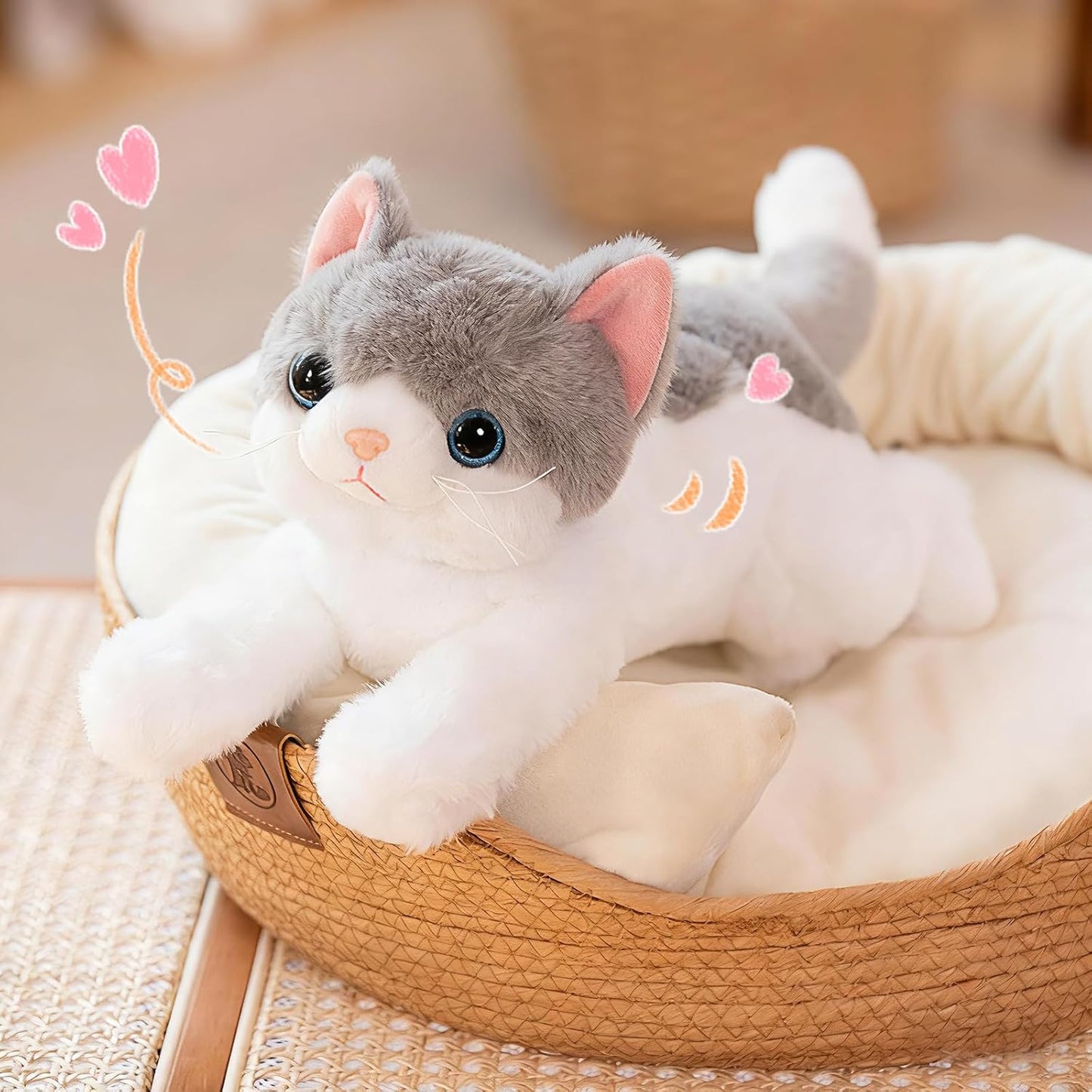 PEACH CAT Cat Plush Cute Kitten Stuffed Animal Soft Plushies Toy Pillow Gifts for Kids Grey 17.7"