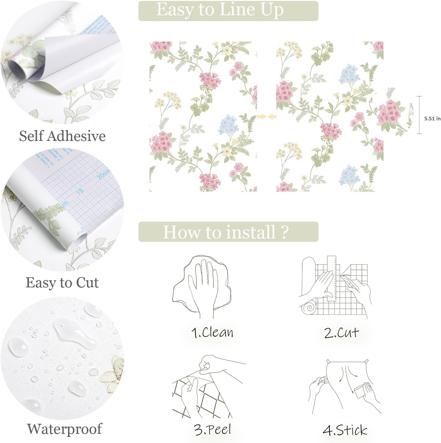 Orainege Pink Floral Peel and Stick Wallpaper Removable Self Adhesive Wall Paper 16.9inx118.1in Modern Wallpaper for Bedroom Bathroom Green Leaf Contact Paper for Cabinets