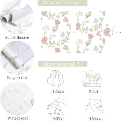 Orainege Pink Floral Peel and Stick Wallpaper Removable Self Adhesive Wall Paper 16.9inx118.1in Modern Wallpaper for Bedroom Bathroom Green Leaf Contact Paper for Cabinets