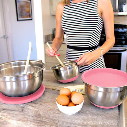 Stainless Steel Mixing Bowls with Lids and Non Slip Bases (Set of 3, Pink)