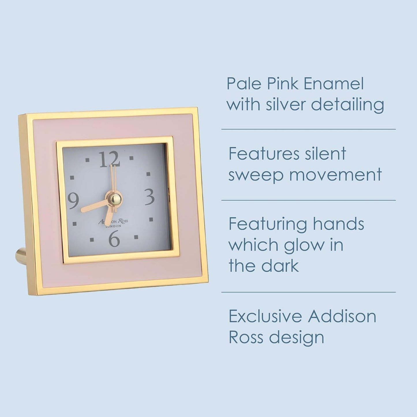 Addison Ross Battery Alarm Clock – Silent Sweep – Compact & Stylish – Alarm Clock Bedside – Velvet-Backed Design/Home & Office Decor – Pale Pink & Gold