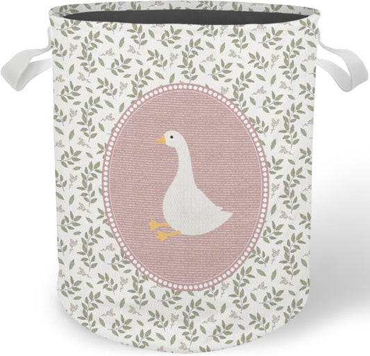 Pink Goose Nursery Laundry Basket, Cottagecore Botanical Goose Floral Laundry Basket Hamper Waterproof Collapsible Clothes Toys Storage Bin for Girls Nursery Bedroom Bathroom Home
