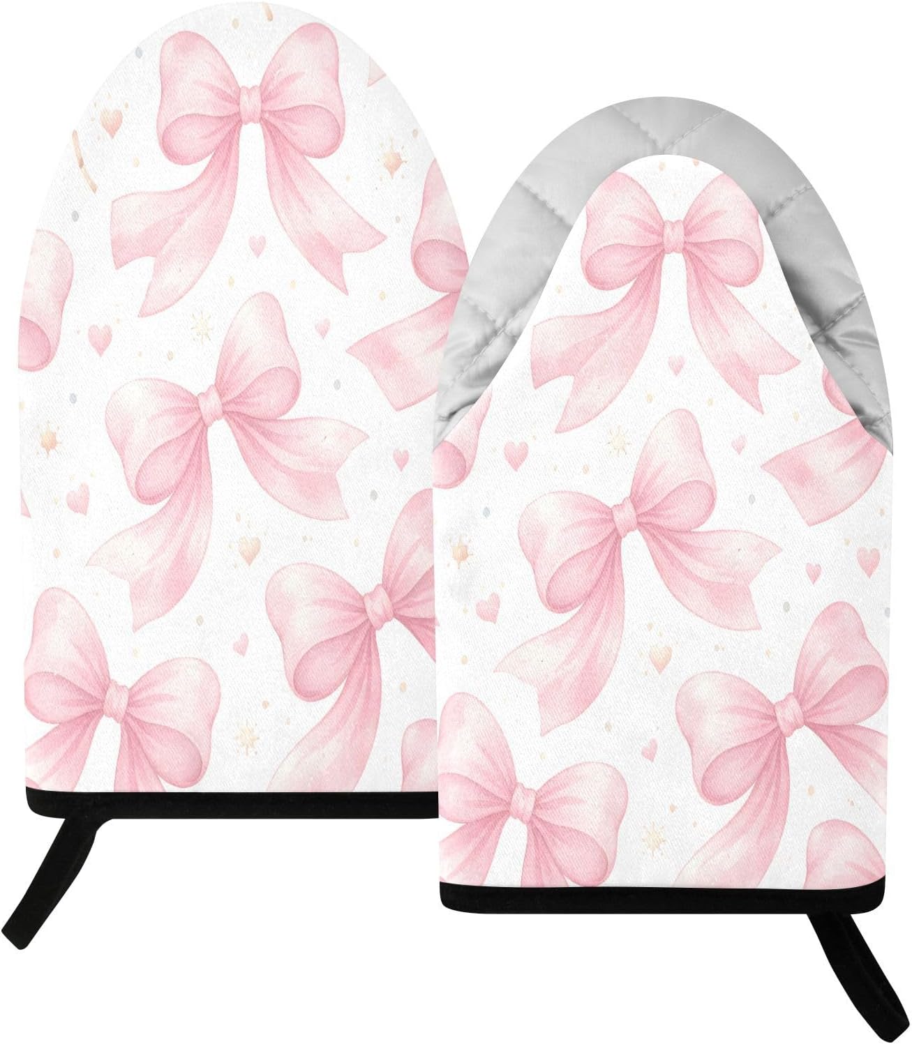 Watercolor Bows Pink Non-Slip Oven Mitts Set Heat Resistant Kitchen Gloves with Quilted Liner Cotton Machine Washable with Hanging Loop for Baking Grilling BBQ