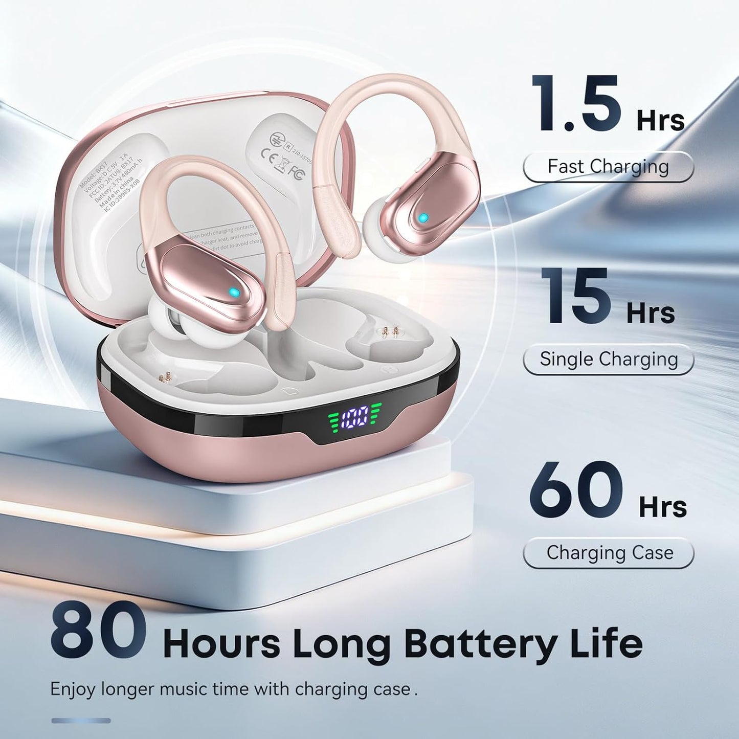 HAOYUYAN Sports Bluetooth Headphones, 80Hrs Playtime Wireless Earbuds with LED Power Display, IPX7 Waterproof Earphones for Workout/Running, Noise Canceling Headset Ear Buds Rose Gold