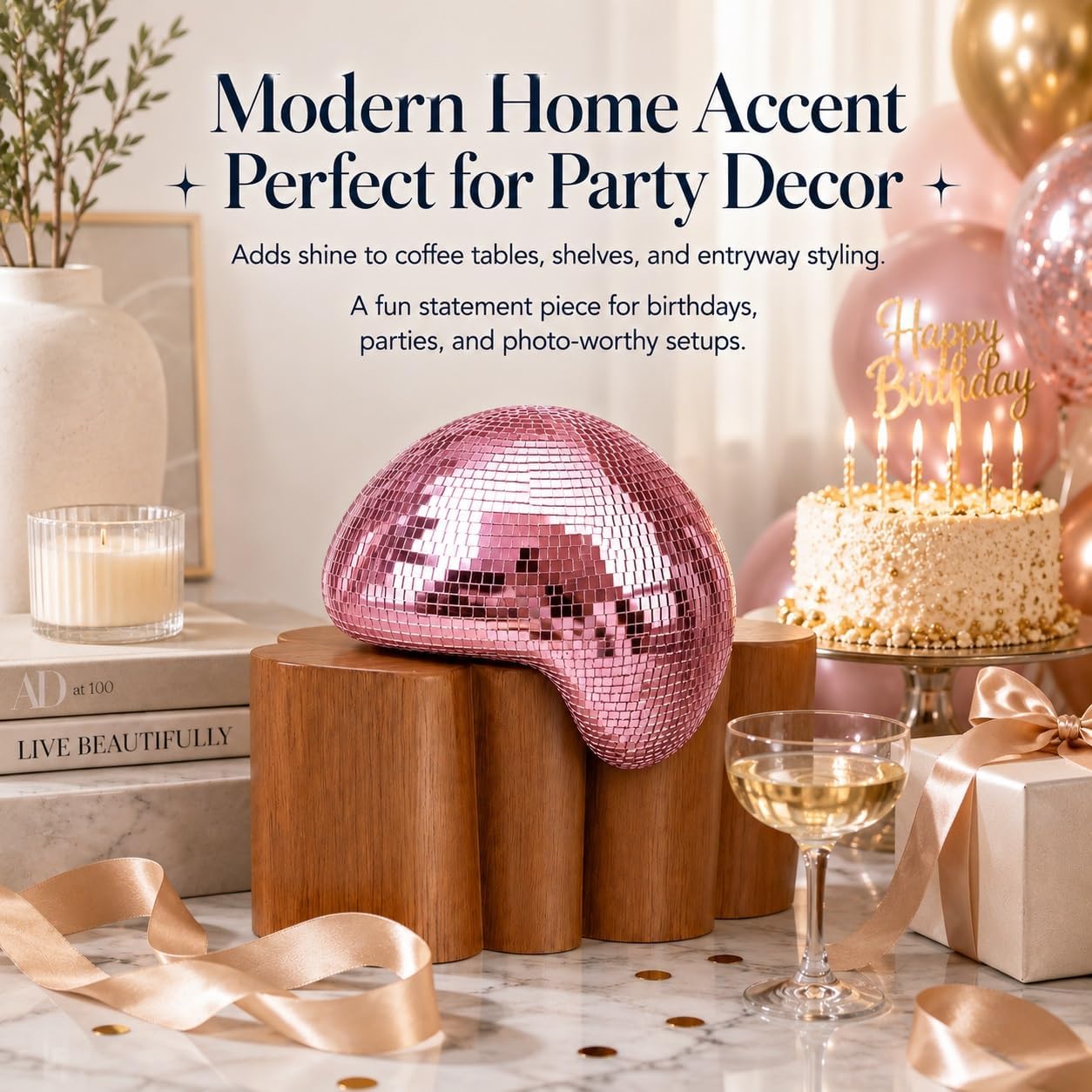 Handcrafted Melting Disco Ball Decor, Sparkling Mosaic Mirror Glass Hanging Ornament for Party, Birthday & Modern Home Decor(Pink)