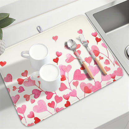 Valentine's Day Dish Drying Mat for Kitchen Counter Pink Love Heart Pattern Drying Mat 18x24 Inch Valentines Holiday Absorbent Dish Drainer Mat Kitchen Accessories