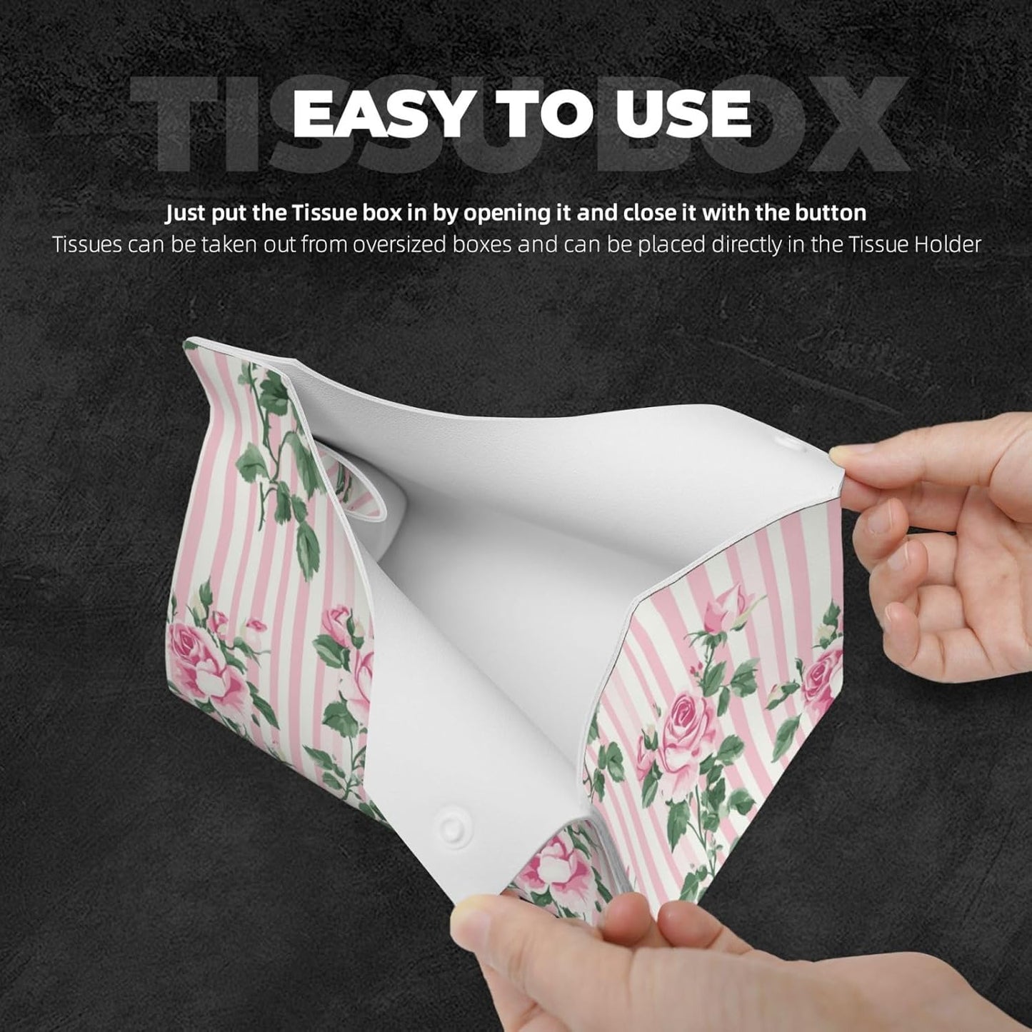 Pink Striped Rose Pattern Tissue Box Cover Rectangle Pu Leather Tissue Box Holder for Car Bathroom Bedroom Desk Tabletop Decor
