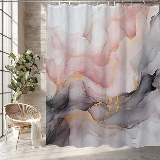 Marble Shower Curtain Abstract Gold Pink Black Ink Ombre,Morden Fabric Shower Curtains for Bathroom Decor 72x72 Inch