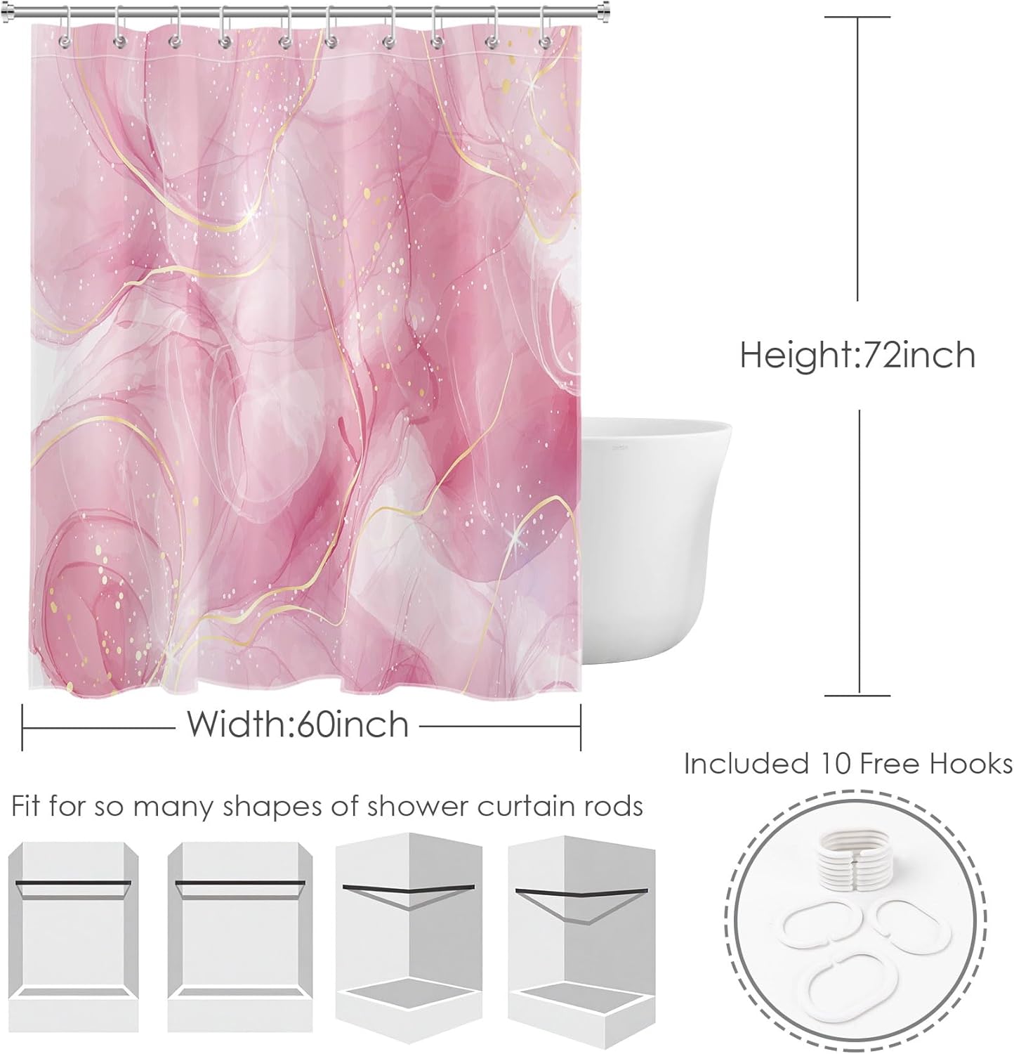 HVEST Modern Marble Shower Curtain, Pink and Gold Luxurious Marble Bathroom Curtain with Hooks, Abstract Art Bath Curtain Polyester Fabric Bath Decor Accessories, 60x72 Inches,YL30460Q