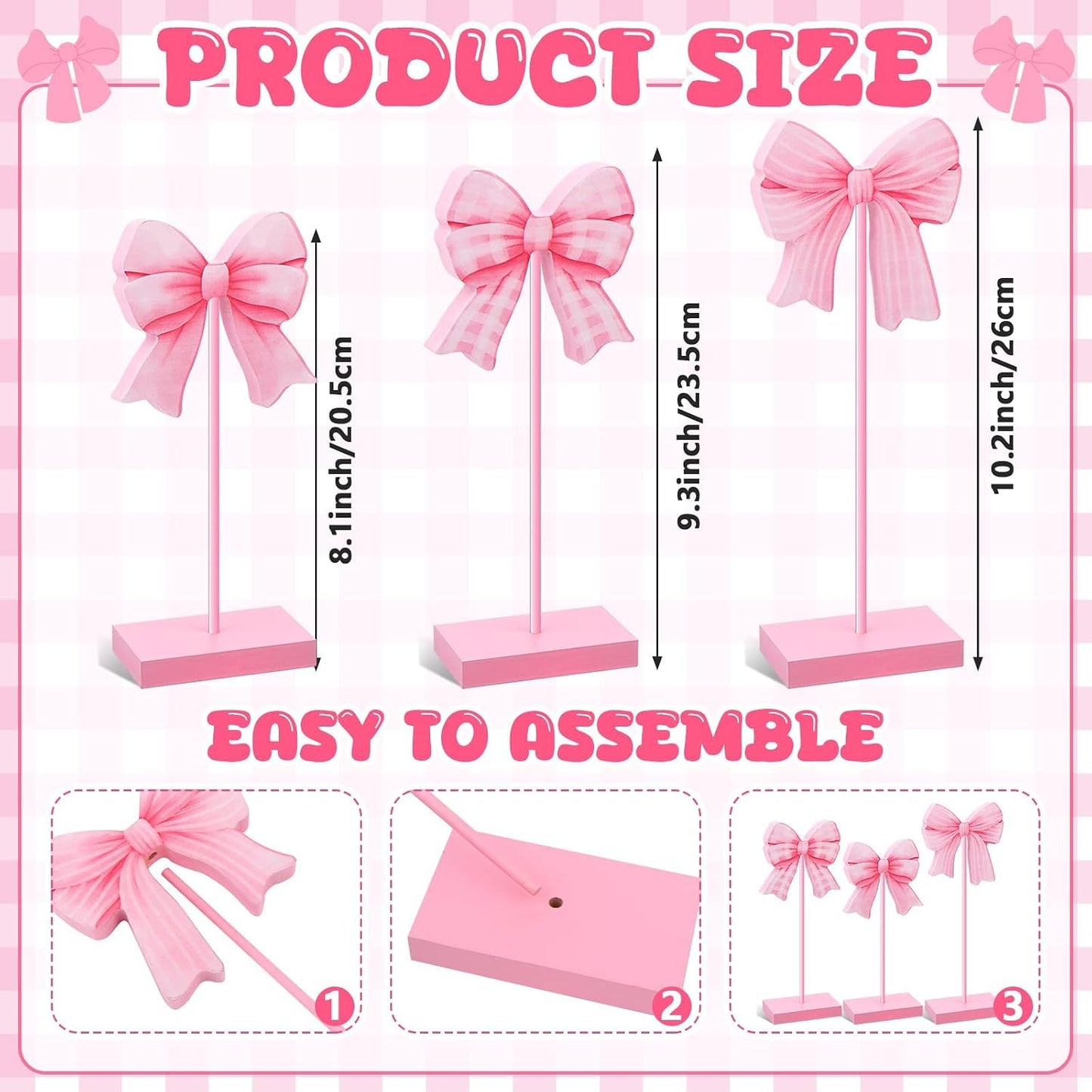 3 Pcs Small Bow Wooden Sign Tall Standing Block Coquette Room Decor Bow Centerpieces for Table Topper Girly Coquette Party Tiered Tray (Pink Bow)
