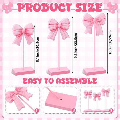 3 Pcs Small Bow Wooden Sign Tall Standing Block Coquette Room Decor Bow Centerpieces for Table Topper Girly Coquette Party Tiered Tray (Pink Bow)