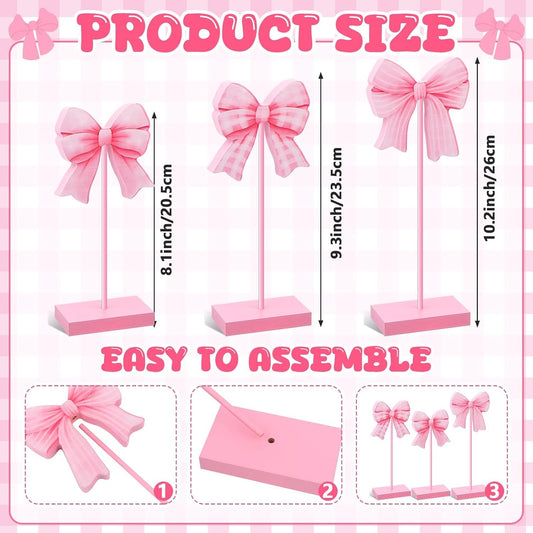 3 Pcs Small Bow Wooden Sign Tall Standing Block Coquette Room Decor Bow Centerpieces for Table Topper Girly Coquette Party Tiered Tray (Pink Bow)