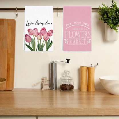 Tulip Spring Kitchen Towels Dish Towels, Pink Flowers Hand Towels 16x24 Inch Farmhouse Decoration Hand Towels Set of 3