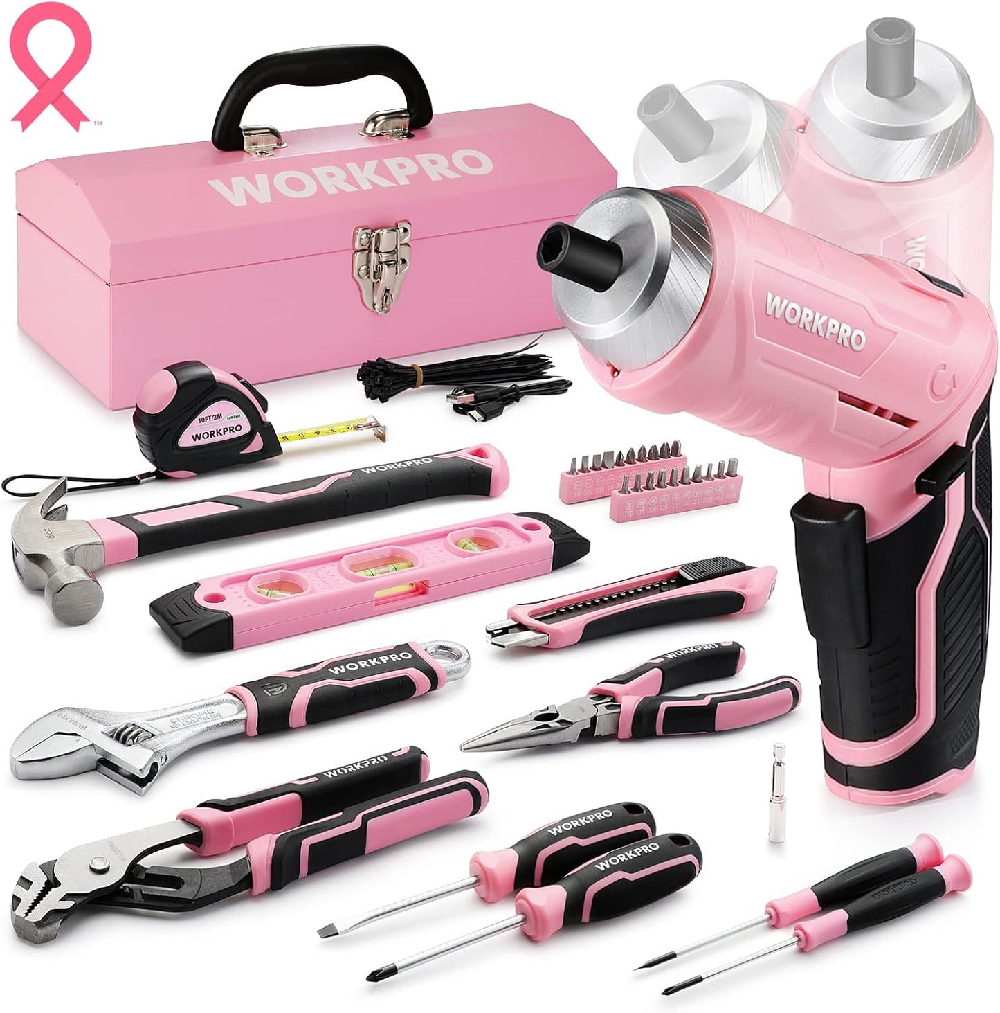 WORKPRO 75-Piece Pink Tools Set, 3.7V Rotatable Cordless Screwdriver and Household Tool Kit, Basic Tool Set with 13'' Portable Steel Tool Box for Home, Garage, Apartment, Dorm, New House - Pink Ribbon
