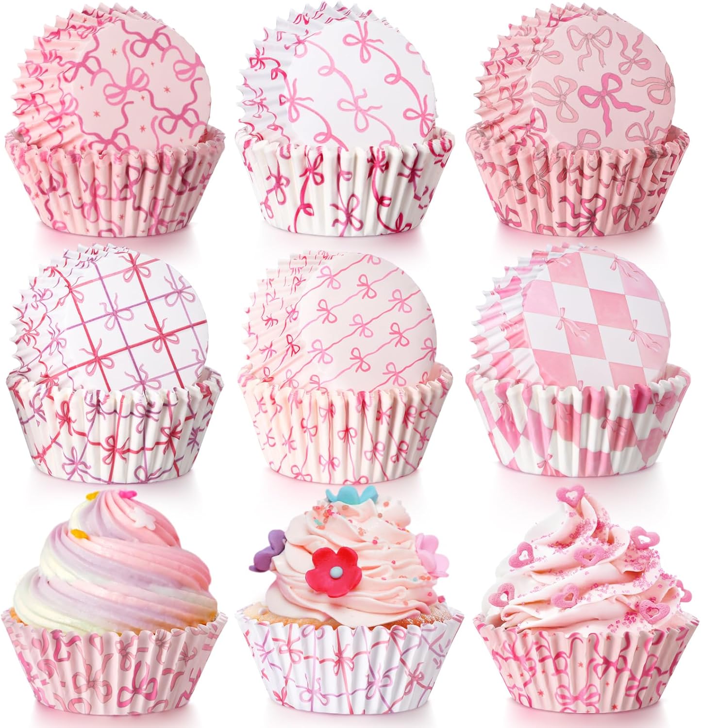 Reallnaive 300 Pcs Cupcake Liners Pink Bow Baking Cups Paper Bowknot Cupcake Muffin Wrappers Preppy Holders for Wedding Supplies Party Birthday Women Bridal Bachelorette Baby Shower(Pink,Bow)