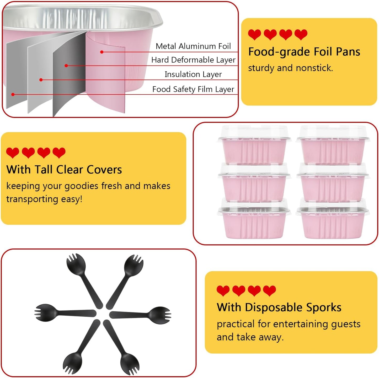LNYZQUS 120pack/10oz Mini Cake Foil Pans with Lids, 4”x4” Large Cupcake Pan Disposable Ramekins,Small Brownie Baking Cups Square Muffin Tin Cheesecake Containers Holders-Pink