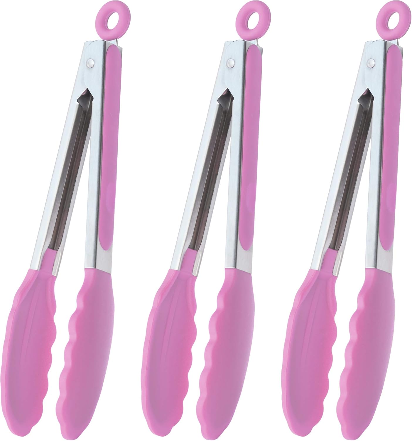 HINMAY Serving Tongs with Silicone Tips 9 Inches Stainless Steel Food Tongs, Set of 3 (Pink)