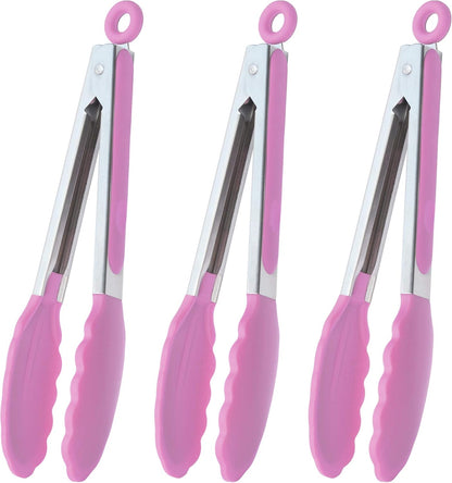 HINMAY Serving Tongs with Silicone Tips 9 Inches Stainless Steel Food Tongs, Set of 3 (Pink)