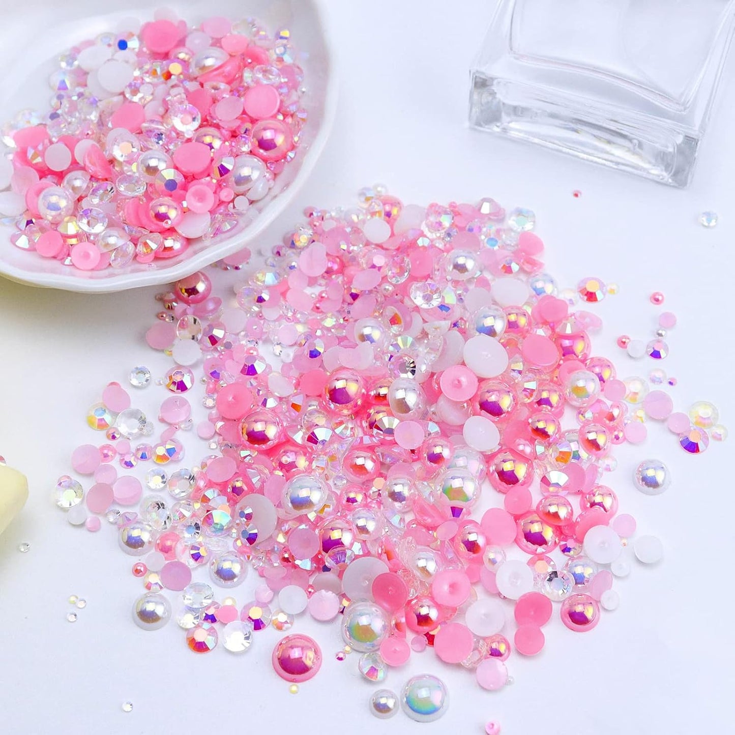60g Flatback Pearls and Rhinestones for Crafts, 3620PCS 2mm-10mm Mix for Nails Face Art Tumblers, with Tweezers Wax Pen, White|Pinks