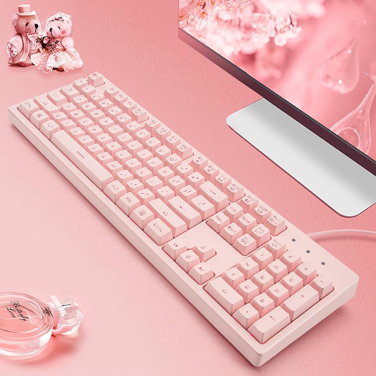 Basaltech Pink Keyboard with 7-Colors LED Backlit, 104 Keys Silent Creamy Wired USB Keyboard, Double Shot Keycaps Light Up Keyboard for Computer, Mac, Laptop