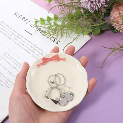 SynHHergyx Small Jewelry Dish, Ceramic Ring Holder Dish, Ceramic Jewelry Tray, White with Pink Bow Jewelrys Holder for Women, Small Jewelrys Tray for Vanity