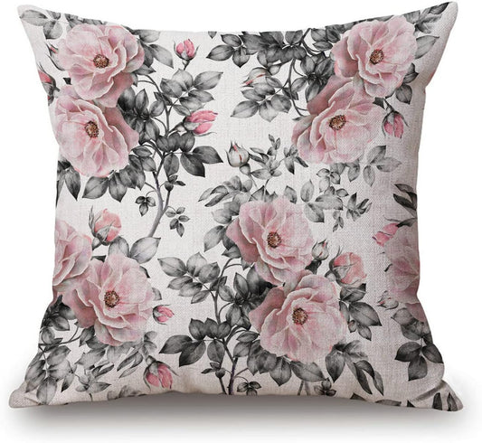Retro with Pink Flowers and Leaves on White Watercolor Floral Pattern Rose in Pastel Color Painting Cotton Linen Square Throw Waist Pillow Case Decorative Cushion Cover Pillowcase Sofa 18"x 18"