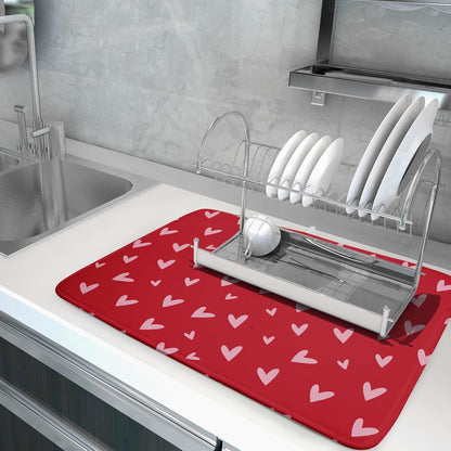 Valentines Dish Drying Mat for Kitchen Counter 18x24 Inch Valentine's Day Red Pink Love Heart Print Absorbent Reversible Microfiber Drying Mats Kitchen Countertop Protector Dishes Drainer Rack Pad