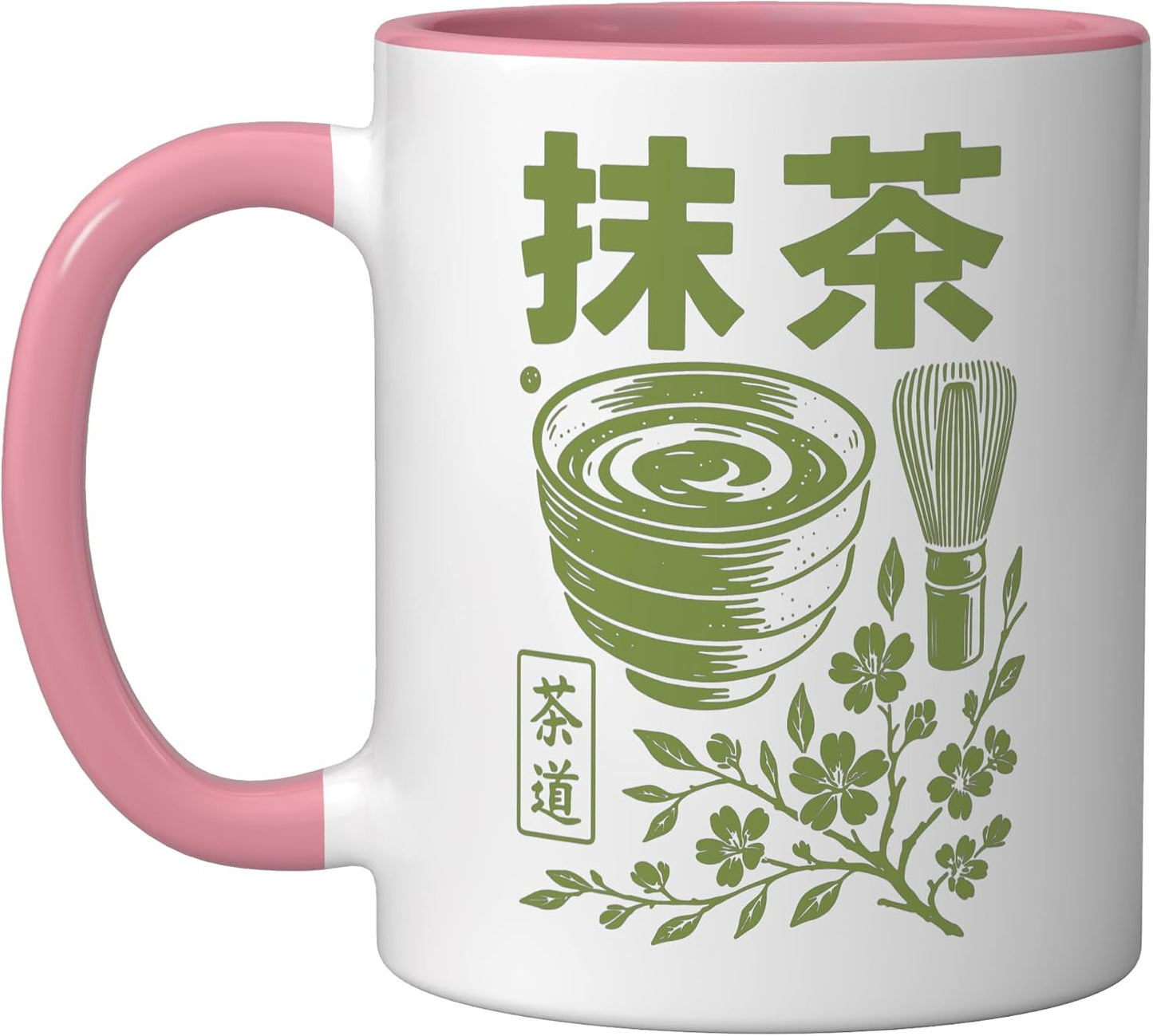 Matcha Tea Ceremony Japanese Green Tea Ceramic Mug, Pink/White
