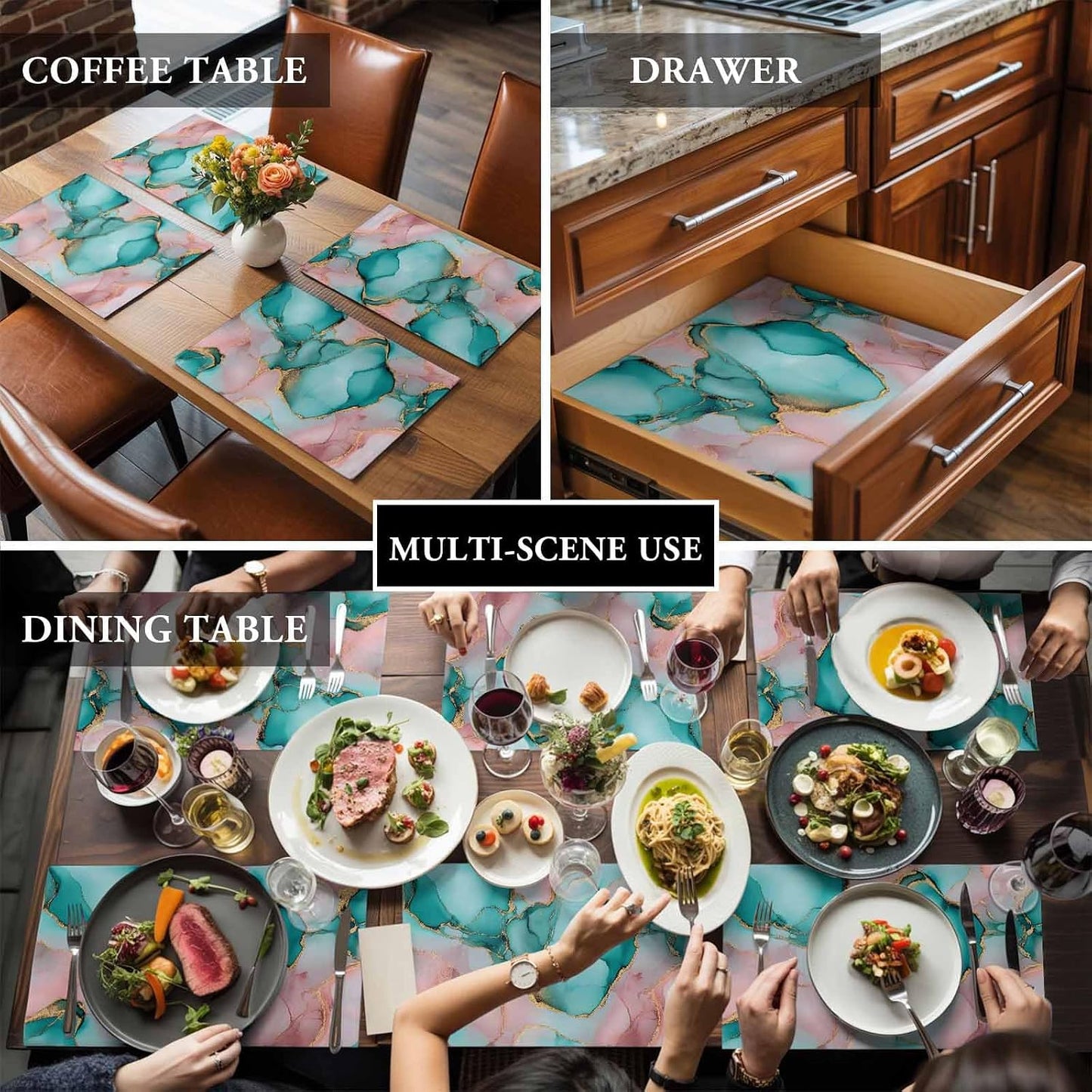 Pink Water Marble Placemat Set of 4 Non-Slip Placemats for Dining Table Abstract Art Washable Table Mats, Heat Resistant Kitchen Table Mats for Party, Dining Room & Home Decor